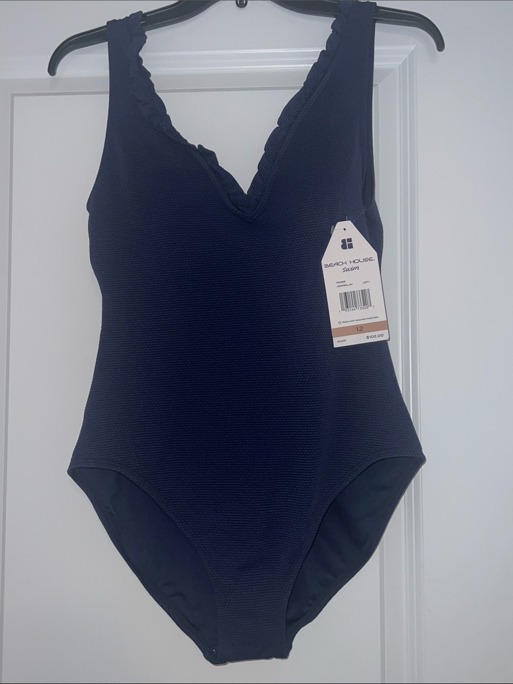 Beach House Navy Textured V-Neck One-Piece Swimsuit. Size 12